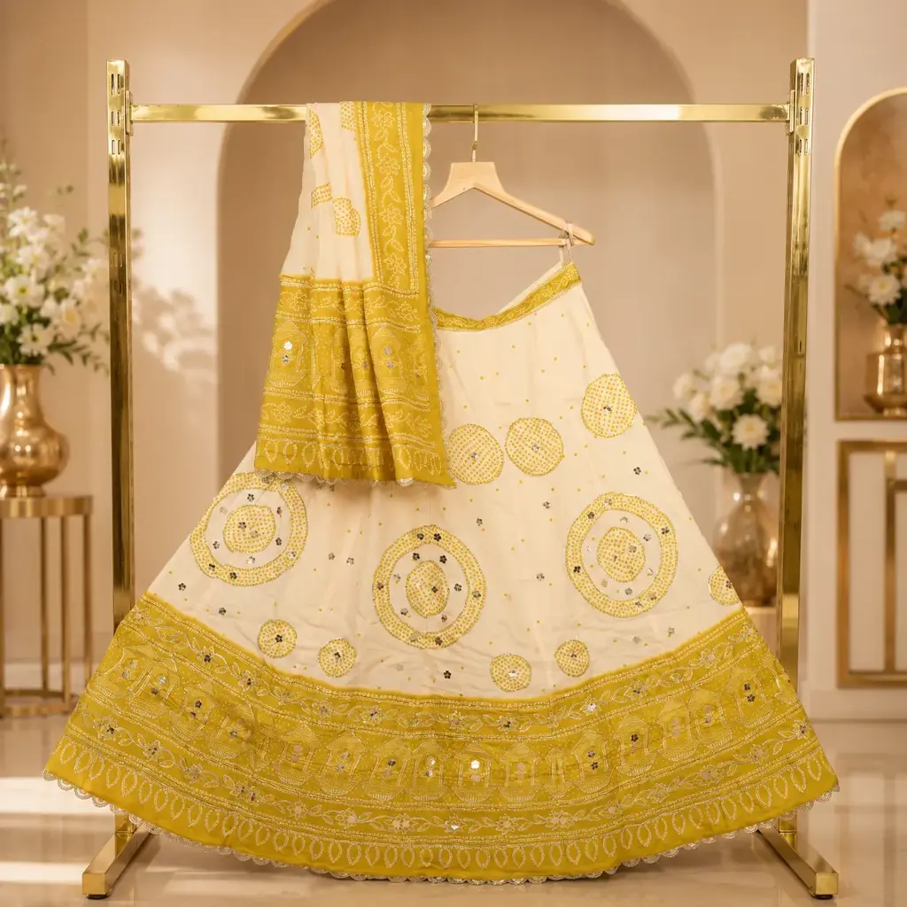 Women's Cream Mustard Embroidered Lehenga Choli with Dupatta