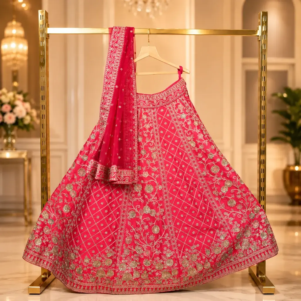 Women's Coral Pink Lehenga Choli with Gold Embroidery and Matching Net Dupatta