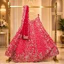 Women's Coral Pink Lehenga Choli with Gold Embroidery and Matching Net Dupatta