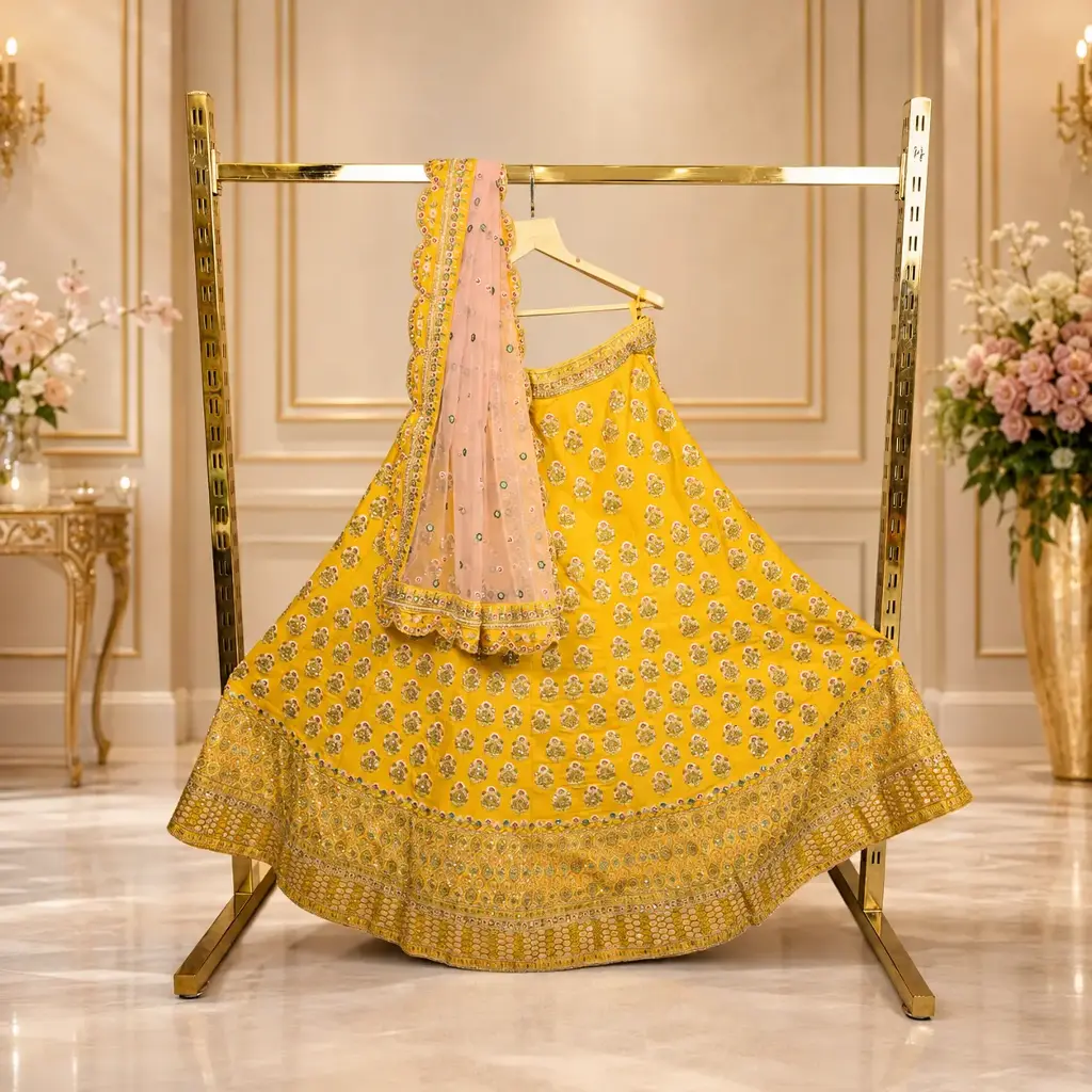 Women's Mustard Yellow Lehenga Choli with Mirror Work and Blush Pink Dupatta