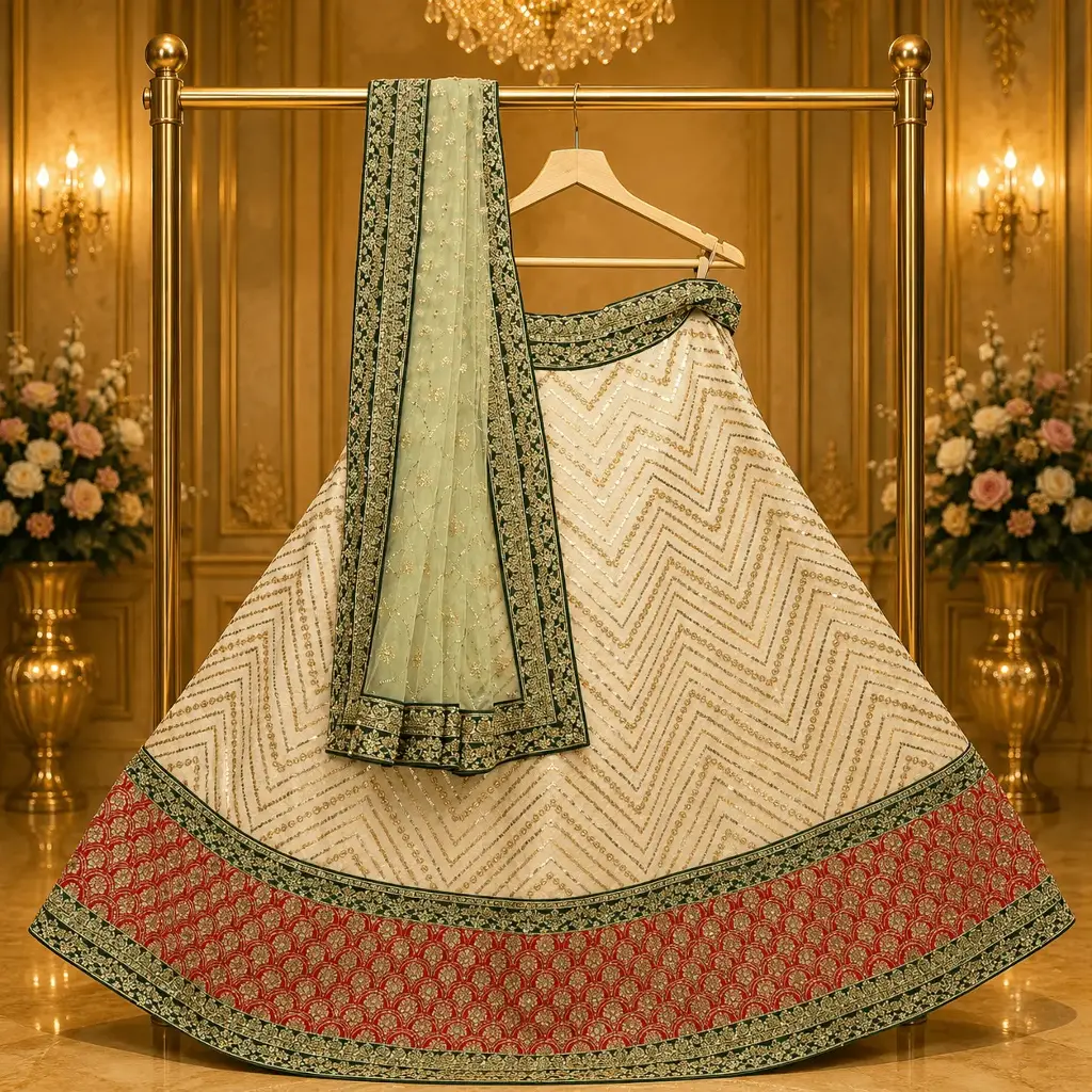 Women's Ivory Sequin Lehenga Choli with Mint Green Dupatta