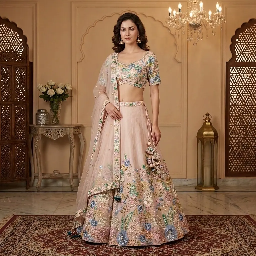 Blush Pink Resham and Mirror Embroidered Silk Lehenga Set