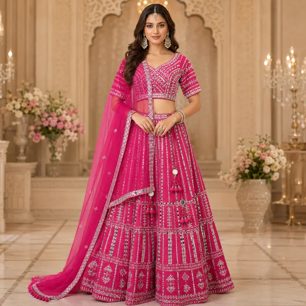 Women's Fuchsia Pink Mirror Work Lehenga Choli with Net Dupatta for Wedding & Festive Party Wear Set