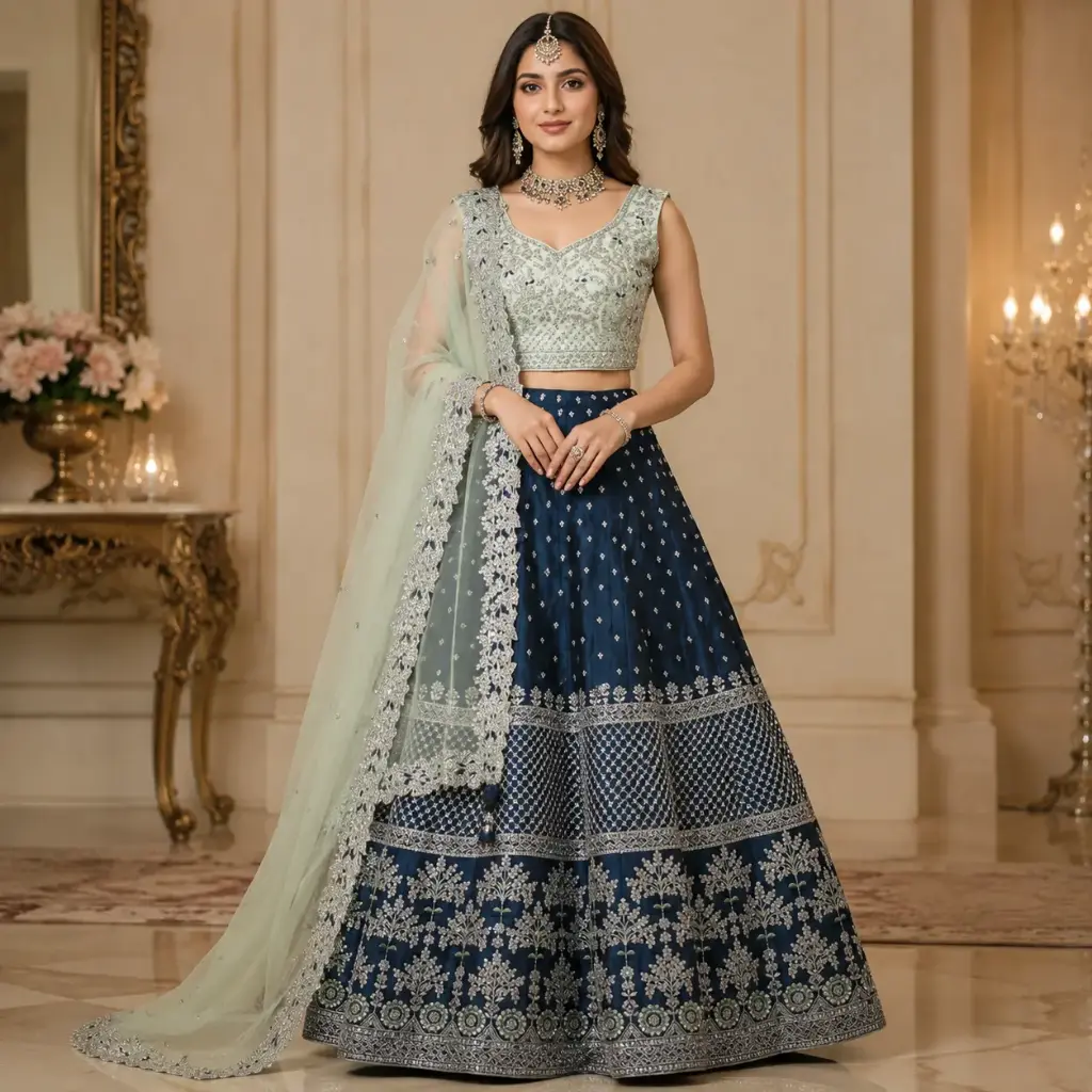 Women's Navy Blue Embroidered Lehenga Choli with Mint Net Dupatta for Wedding Reception Festive Wear