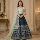 Women's Navy Blue Embroidered Lehenga Choli with Mint Net Dupatta for Wedding Reception Festive Wear