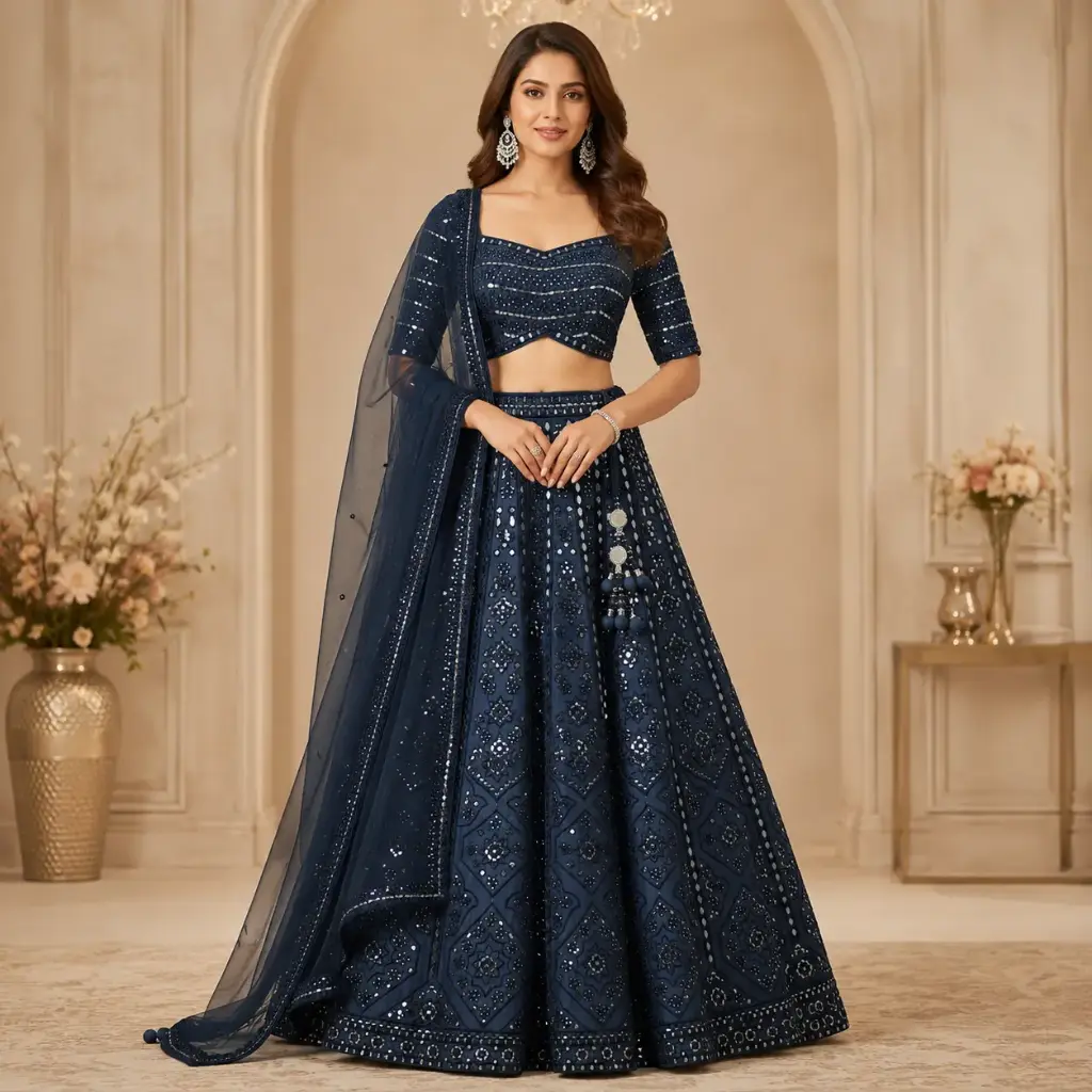 Women's Navy Blue Mirror Work Lehenga Choli Set with Net Dupatta for Wedding and Festive Party Wear