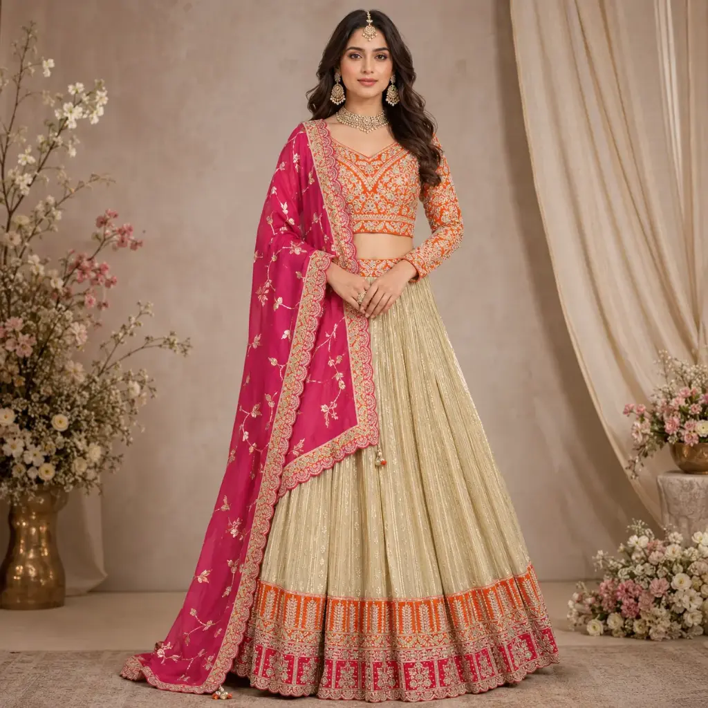 Women's Beige Orange Embroidered Lehenga Choli with Pink Dupatta for Wedding and Festive Party Wear