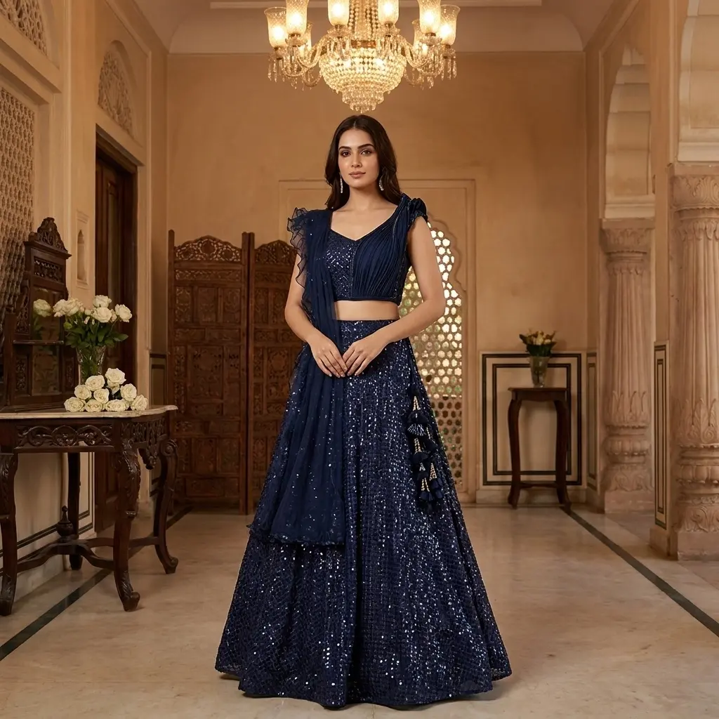 Navy Blue Sequin Embellished Pleated Crop Top Lehenga Set