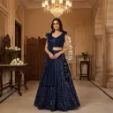 Navy Blue Sequin Embellished Pleated Crop Top Lehenga Set