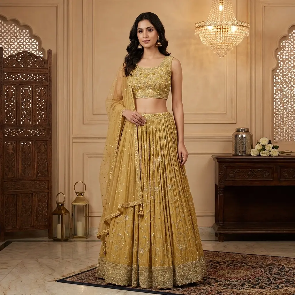Mustard Yellow Crushed Silk Embroidered Crop Top Lehenga Set 