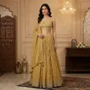 Mustard Yellow Crushed Silk Embroidered Crop Top Lehenga Set 