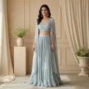 Sky Blue Sequin Crop Top and Pleated Skirt with Cape