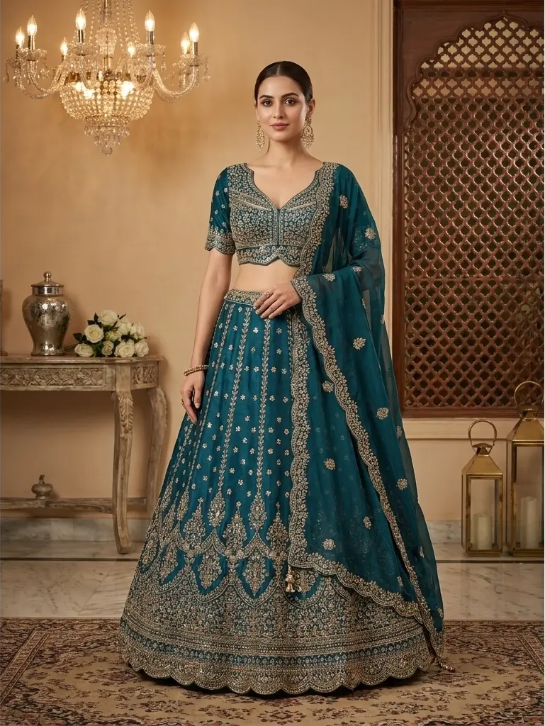 Rama Green Embroidered Silk Lehenga Choli Set