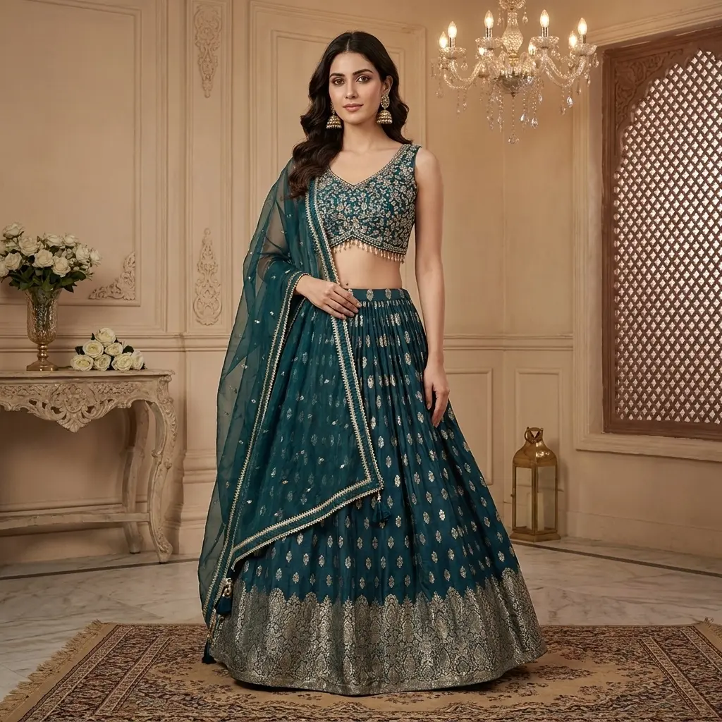 Teal Rama Green Banarasi Silk Embroidered Lehenga Choli Set