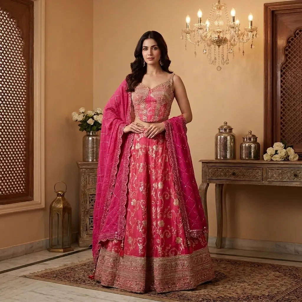 Rani Pink Banarasi Brocade Silk Embellished Lehenga Choli Set