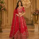Women's Red Gold Embroidered Lehenga Choli with Dupatta for Wedding Reception and Festive Party Wear