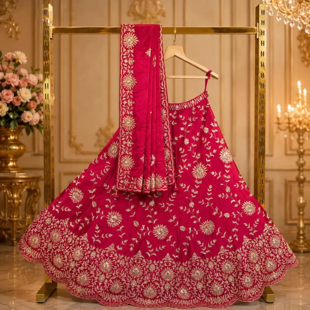Women's Magenta Pink Lehenga Choli with Gold Floral Embroidery and Matching Dupatta for Wedding Wear