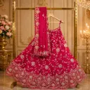 Women's Magenta Pink Lehenga Choli with Gold Floral Embroidery and Matching Dupatta for Wedding Wear