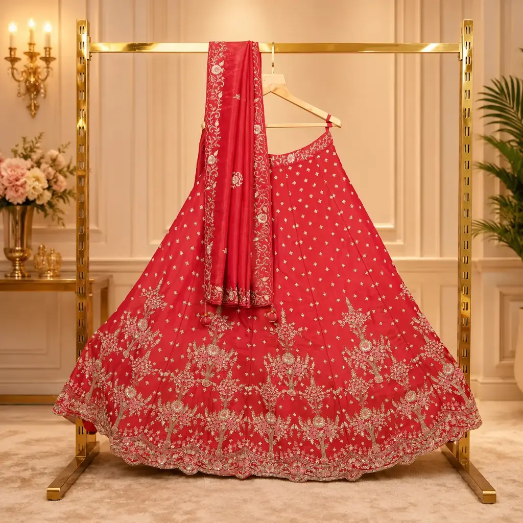Women's Coral Pink Lehenga Choli with Silver Floral Embroidery and Matching Dupatta