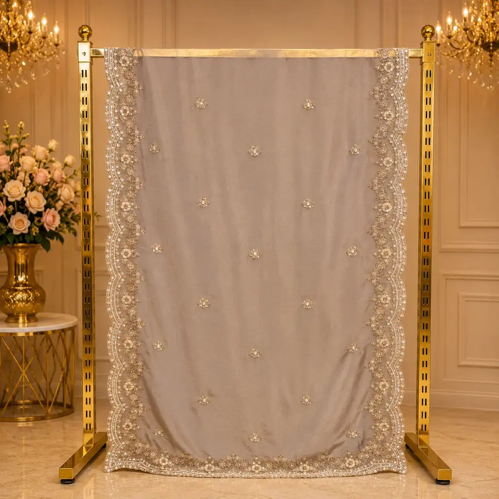 Elegant Taupe Saree with Embroidered Scalloped Border