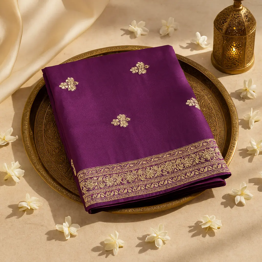 Royal Purple Silk Saree with Traditional Mirror Work Border