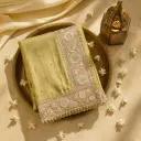 Elegant Olive Gold Tissue Saree with Hand-Embroidered Mauve Border