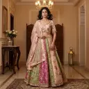 Blush Pink and Olive Multi-Panel Floral Banarasi Lehenga Set