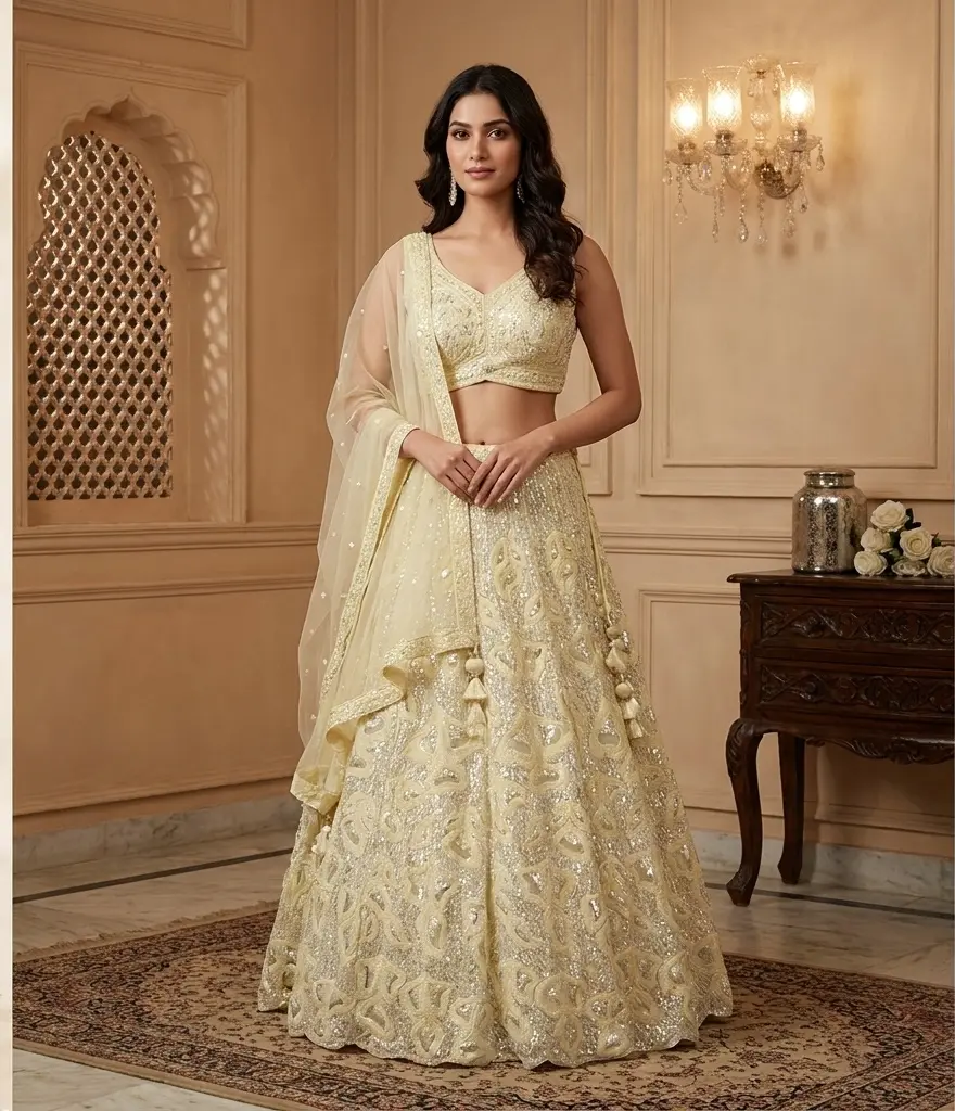 Pale Yellow Sequin Embellished Net Flared Lehenga Set