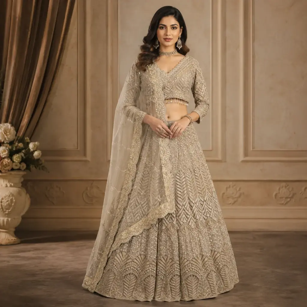 Women's Silver Champagne Embroidered Lehenga Choli with Net Dupatta for Wedding Reception Party Wear