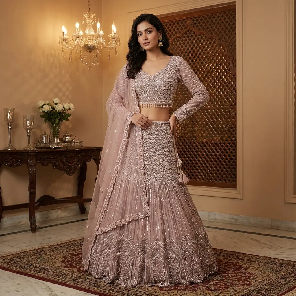 Dusty Rose Hand Embellished Sequin and Cutdana Lehenga Set