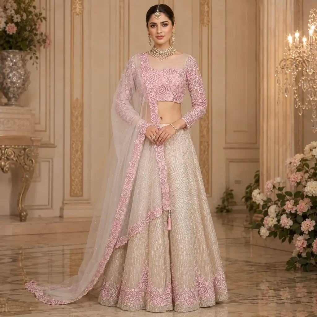 Women's Ivory Pink Embroidered Lehenga Choli with Net Dupatta for Wedding Reception Festive Wear Set