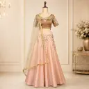 Women's Peach Lehenga Choli with Taupe Embroidered Blouse & Net Dupatta for Wedding Festive Wear Set