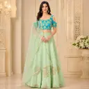 Women's Mint Green Lehenga Choli with Turquoise Blouse & Net Dupatta for Wedding Festive Party Wear
