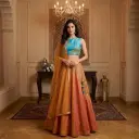 Turquoise and Peach Raw Silk Embroidered Lehenga Choli Set
