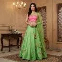 Parrot Green and Rani Pink Embroidered Silk Lehenga Choli Set 