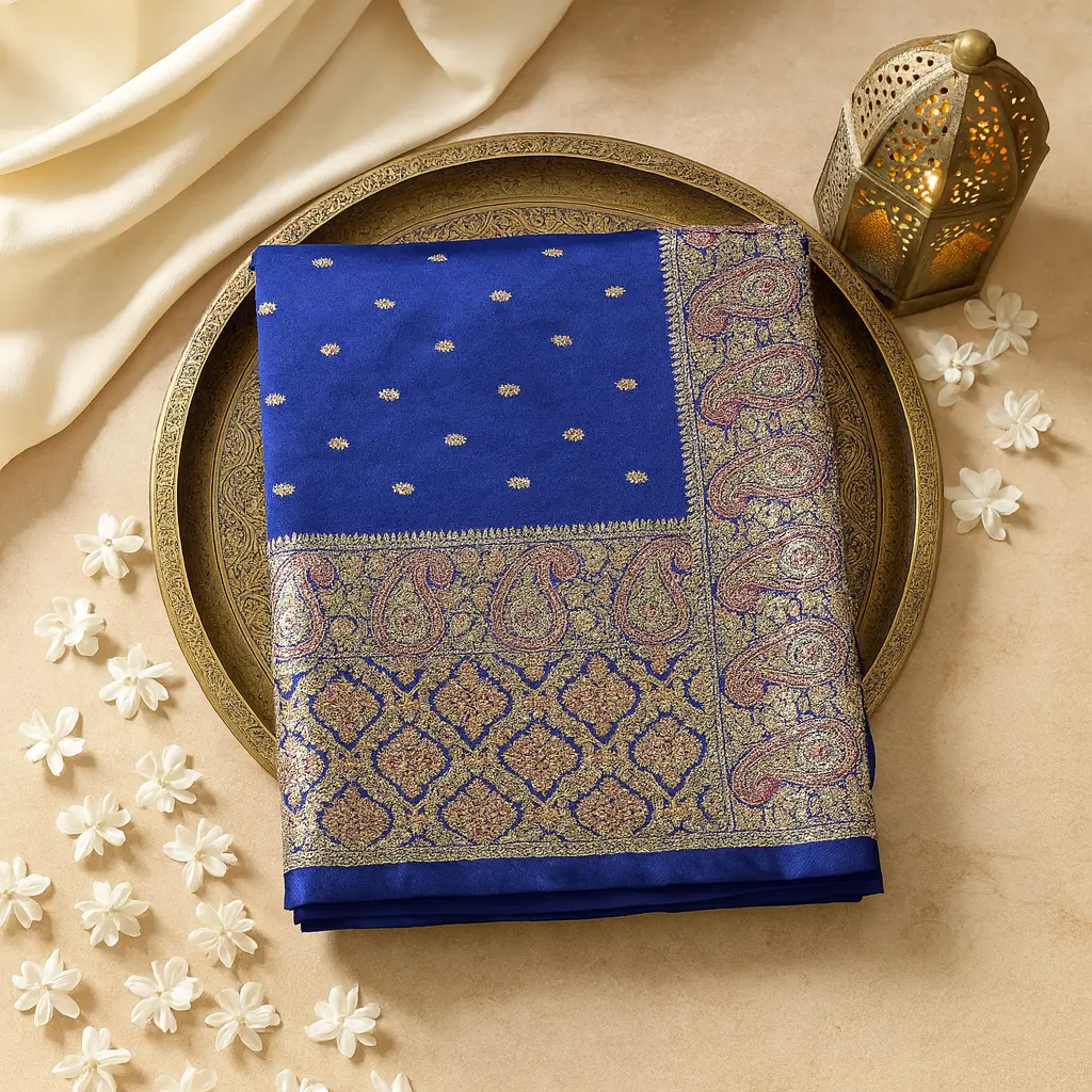 Royal Blue Silk Saree with Elaborate Paisely Zari Border