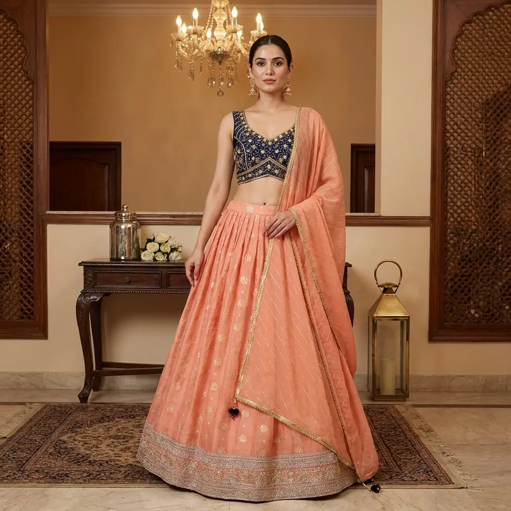 Navy Blue Embroidered Blouse with Peach Silk Lehenga Set