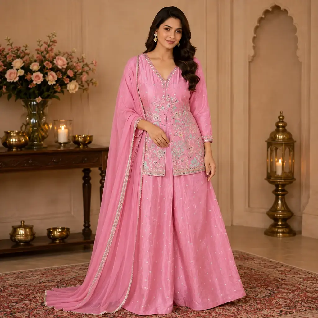 Women's Baby Pink Embroidered Kurta Palazzo Set with Dupatta