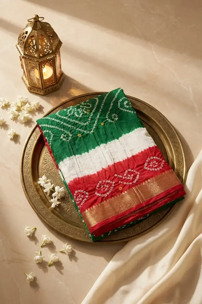 Tricolor Bandhani Silk Saree with Nakshi Zari Border