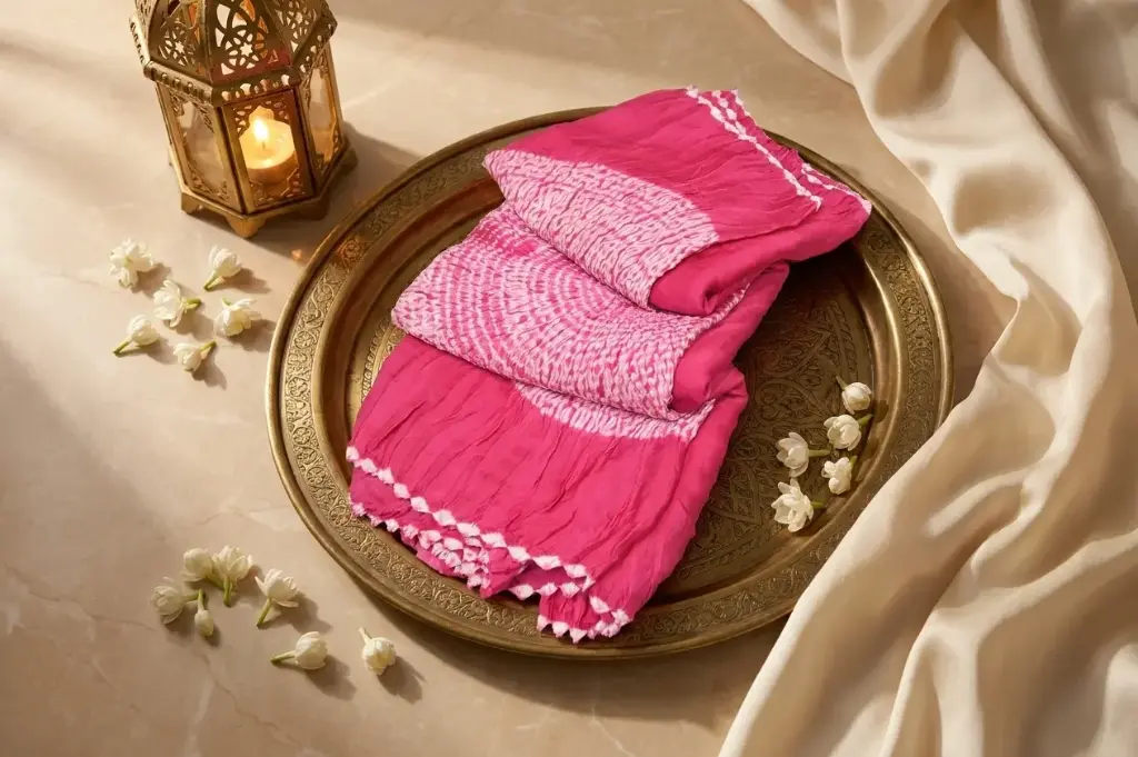 Pink Semi Gaji Silk Shibori Bandhani Saree with Zari Border
