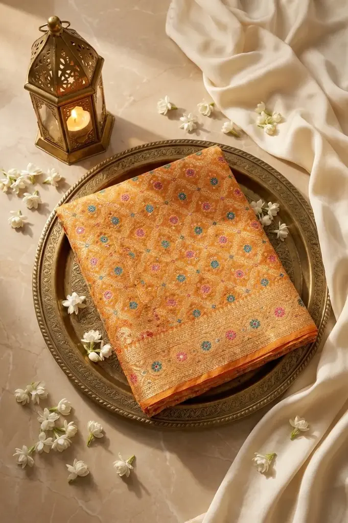 Mango Yellow Banarasi Bandhani Mina Jangla Georgette Saree