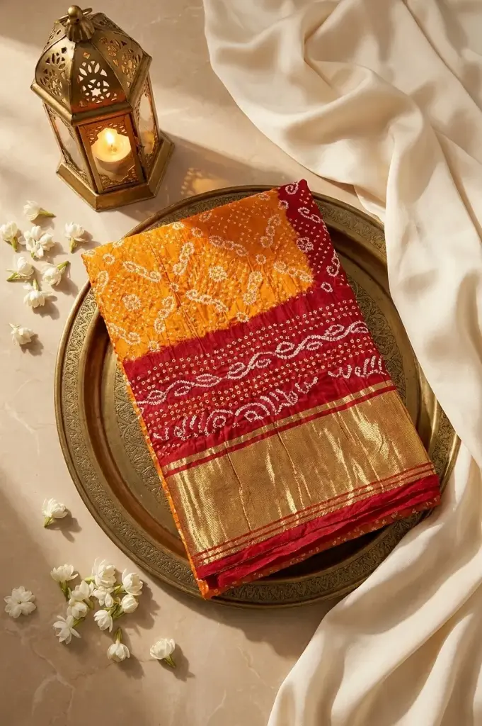 Red and Mustard Silk Bandhani Saree with Zari Border