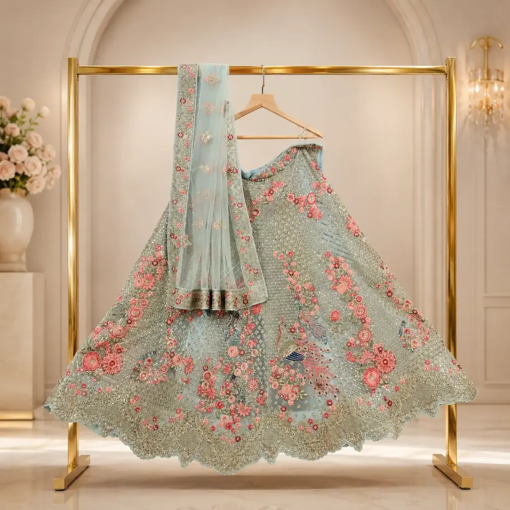 Women's Ice Blue Lehenga Choli with Floral Peacock Embroidery and Net Dupatta
