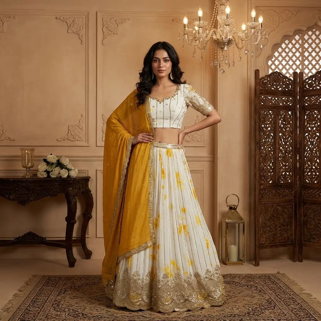 Ivory and Mustard Yellow Tie-Dye Embroidered Lehenga Choli Set