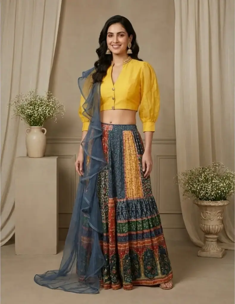 Yellow Puff-Sleeve Crop Top with Multi-Printed Pleated Skirt
