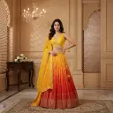 Yellow and Orange Ombre Silk Flared Lehenga Choli Set