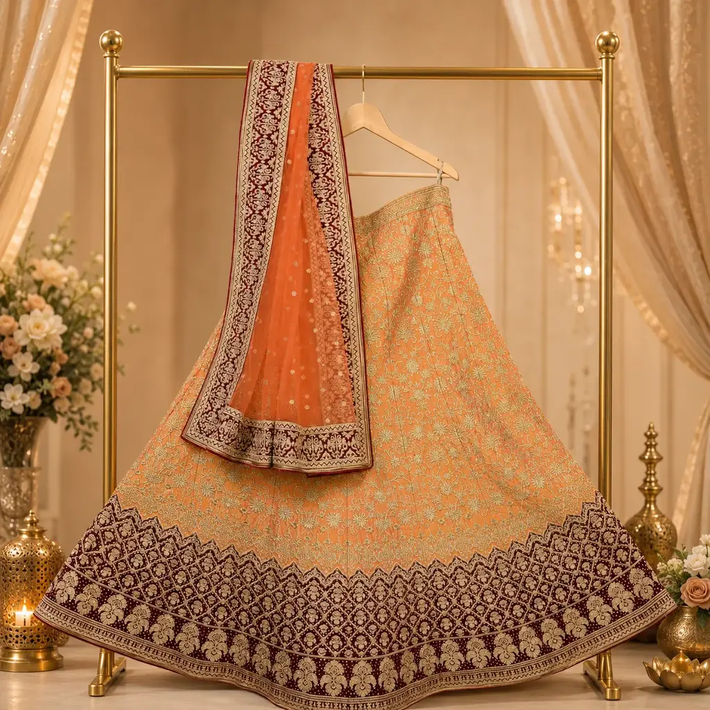 Women's Orange Lehenga Choli with Gold Embroidery and Maroon Border