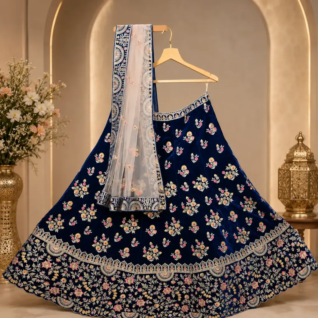 Women's Navy Blue Velvet Floral Embroidery Lehenga Choli with Net Dupatta