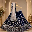 Women's Navy Blue Velvet Floral Embroidery Lehenga Choli with Net Dupatta
