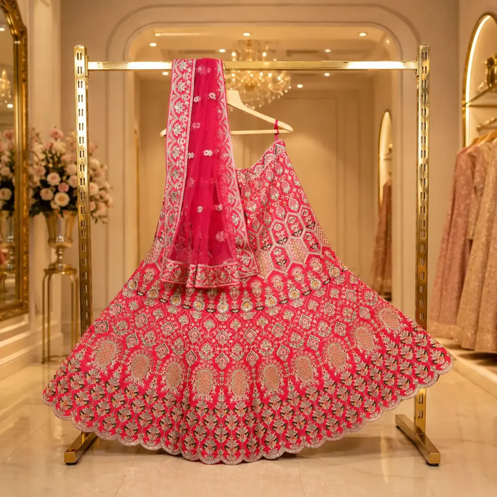 Women's Coral Pink Lehenga Choli with Floral Embroidery and Net Dupatta